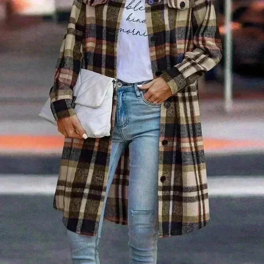 Navy Blue Elegant Women's Plaid Long Sleeve Button Up Shacket